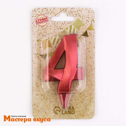 Свеча-цифра "Грань", красный металлик - 4, (h-6,5см)