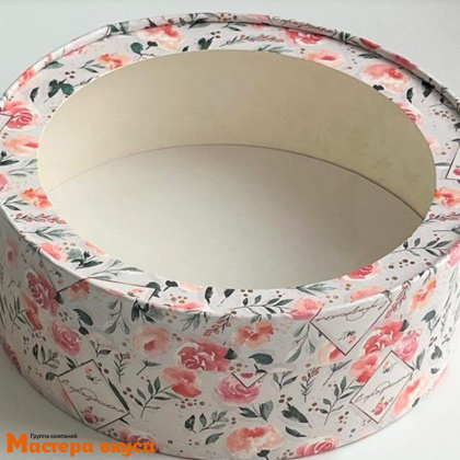 Упаковка для зефира, печенья и макарон тубус с окном d160 h70мм (с праздником/розы) (2-д)