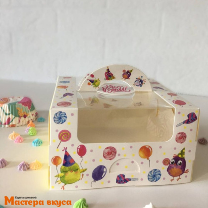 Упаковка для бенто-торта с окном и ручками, 140*140*80 мм (Это вам! Мой птенчик)