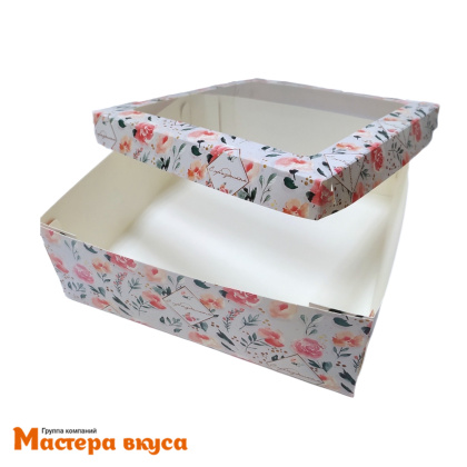 Упаковка для зефира и пирожных с окном 200*200*70 мм  (С праздником/розы) (2-д)