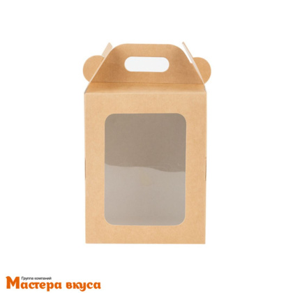 Коробка под кулич и пряничный домик с окном и ручкой, 16*16*20 см (крафт) боковая загрузка, без ложемента