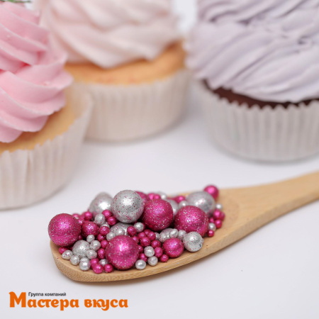 Посыпка Шарики зерновые Блестящие микс ФУКСИЯ-СЕРЕБРО №714 (d2-7мм), 50гр 