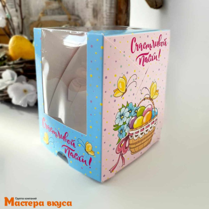 Коробка для  1 капкейка и кулича с панорамным окном, 125*95*95 мм,  (Счастливой пасхи с корзинкой)
