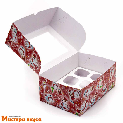Коробка для  6 капкейков с окном, 250*170*100 мм  (Новогодняя почта)