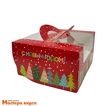 Упаковка для бенто-торта с окном и ручками, 140*140*80 мм  НГ (Новогодний снегопад)