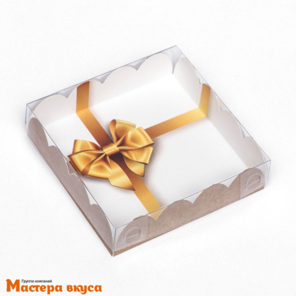 Упаковка для пряников и печенья с прозр. крышкой 120*120*30 мм  (Золотой бант)
