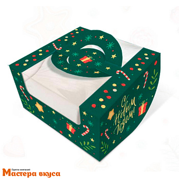 Упаковка для бенто-торта с окном и ручками, 140*140*80 мм  (Новогодний изумрудный)