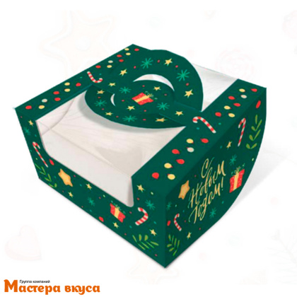 Упаковка для бенто-торта с окном и ручками, 140*140*80 мм  (Новогодний изумрудный)
