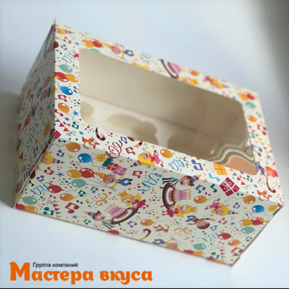 Коробка для  6 капкейков с окном, 235*160*100 мм (Детский праздник) прямоугольное окно, (2-д)