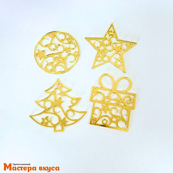 Зеркальное украшение  мини  НОВОГОДНЕЕ НАСТРОЕНИЕ, золото, (набор 4 шт) ~5*6 см
