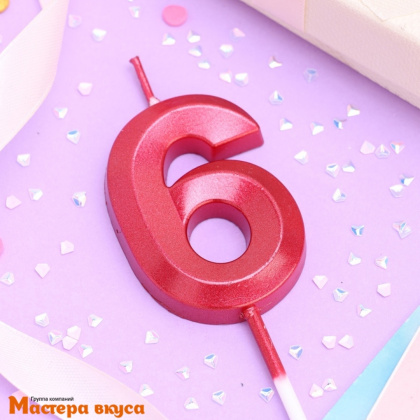 Свеча-цифра "Грань", красный металлик, на шпажке - 6  (h-6 см)