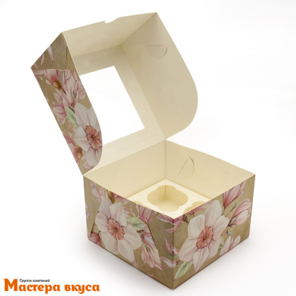Коробка для  4 капкейков с окном, 160*160*100 мм (Нарциссы)