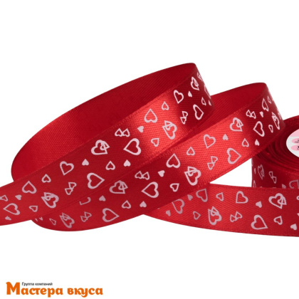 Лента атласная "СЕРДЦА" красная, 15мм, ~23м