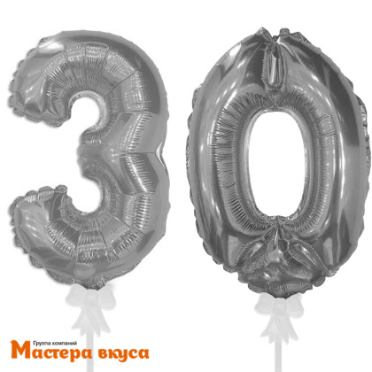 Набор топперов Шары-цифры - 30, самонадувающиеся с палочкой, серебро