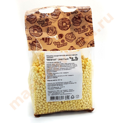 Посыпка Шарики зерновые Жемчуг  Желтый (5-7мм) в сахарной глазури, упак 700 гр