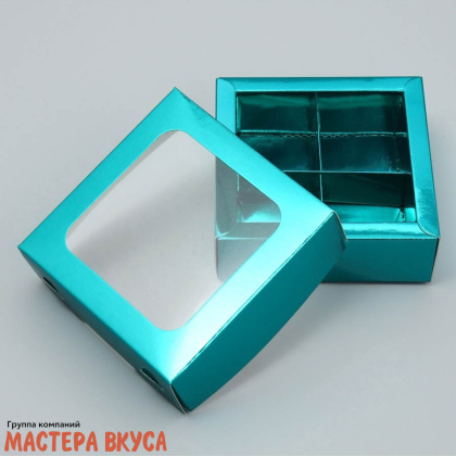 Упаковка для конфет  4 шт с окном (крышка/дно) 105*105*35мм, (зеленая,металик)