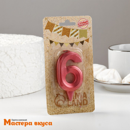 Свеча-цифра "Грань", красный металлик - 6, (h-6,5см)