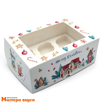 Коробка для  6 капкейков с окном, 250*170*100 мм  (Merry Christmas) белая
