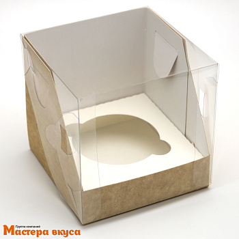 Коробка для  1 капкейка  ПРЕМИУМ с пластиковой крышкой, 100*100*100 мм, (крафт) (3-д)
