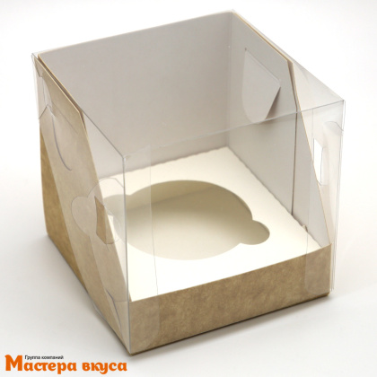 Коробка для  1 капкейка  ПРЕМИУМ с пластиковой крышкой, 100*100*100 мм, (крафт) (3-д)