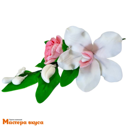 Сахарное украшение ветка ОРХИДЕЯ С РОЗОВОЙ РОЗОЙ, длина ~11см