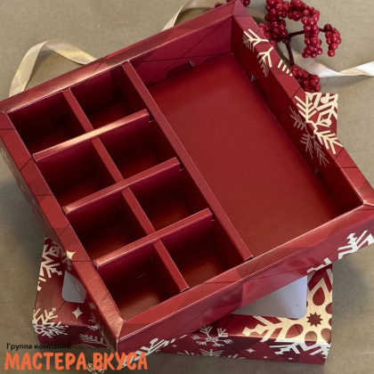 Упаковка для конфет  8 шт и плитки шоколада с обечайкой 177*178,5*38,5мм   (Золотые снежинки)