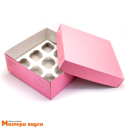 Коробка для  9 капкейков без окна, 250*250*100 мм крышка/дно (розовая)