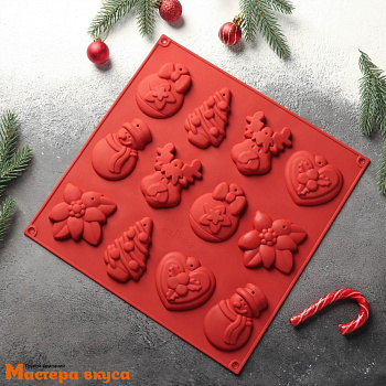 Форма для шоколада силиконовая  ЕЛОЧНЫЕ ИГРУШКИ (12 ячеек), 30*30*1 см 