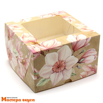 Коробка для  4 капкейков с окном, 160*160*100 мм (Нарциссы)