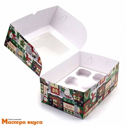 Коробка для  6 капкейков с окном, 250*170*100 мм  (Новогодний микс)