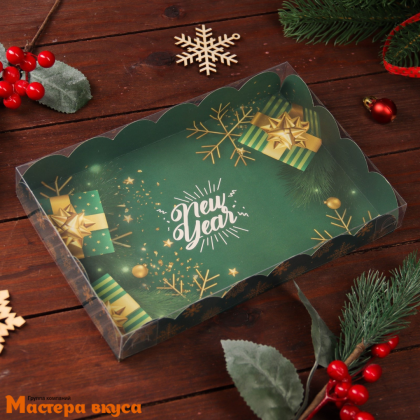 Упаковка для пряников и печенья с прозр. крышкой 220*150*30 мм  (Новогодняя изумрудная)