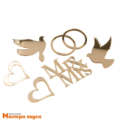 Зеркальное украшение СВАДЕБНОЕ, золото (набор 6 шт) надпись ~5*4см (без палочки)