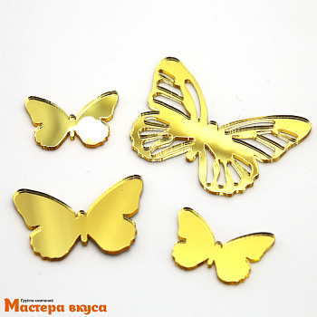 Зеркальное украшение  мини БАБОЧКИ , золото, (набор 4 шт) d~2,5/ 5,5 см 