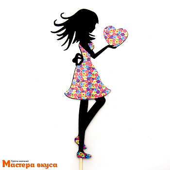 Топпер пластиковый ДЕВУШКА с сердцем, силуэт-цветы
