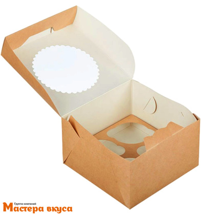 Коробка для  4 капкейков с окном, 160*160*100 мм, (крафт), OSQ MUF