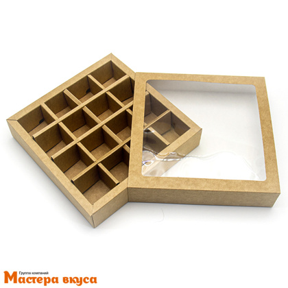 Упаковка для конфет 16 шт с обечайкой с окном 177*177*38мм (крафт)