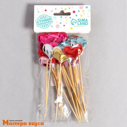 Шпажки "Сердечки микс", дерево, 15 см (набор 24 шт)