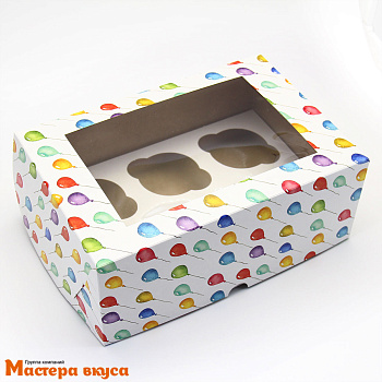 Коробка для  6 капкейков с окном, 250*170*100 мм (Шарики)
