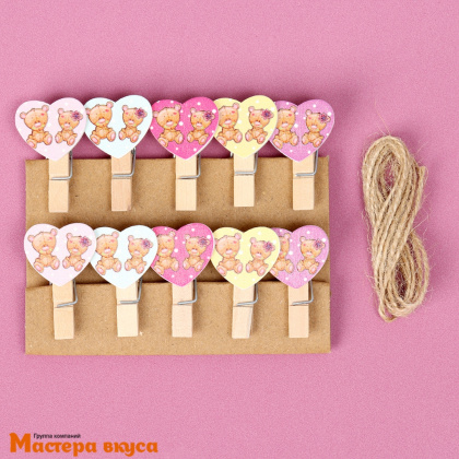 Декор прищепки "Сердечки, Мишки", (набор 10 шт), 2,5*12,5*13,5 см