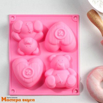 Форма силиконовая МИШКА И СЕРДЦЕ, (4 ячейки) 17*15 см