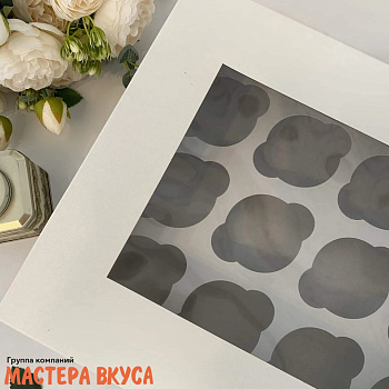 Коробка для 12 капкейков с окном, 320*250*100 мм крышка/дно, (белая)