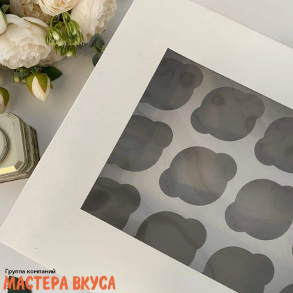 Коробка для 12 капкейков с окном, 320*250*100 мм крышка/дно, (белая)
