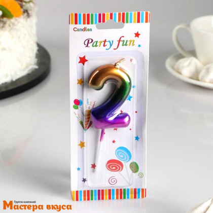 Свеча-цифра "Акварель", разноцветная - 2  (h-5,5см)