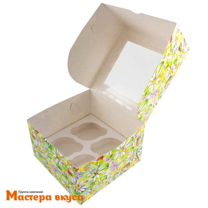 Коробка для  4 капкейков с окном, 160*160*100 мм (Акварельные ромашки)