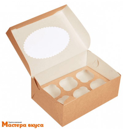 Коробка для  6 капкейков с окном, 250*170*100 мм, (крафт), OSQ MUF