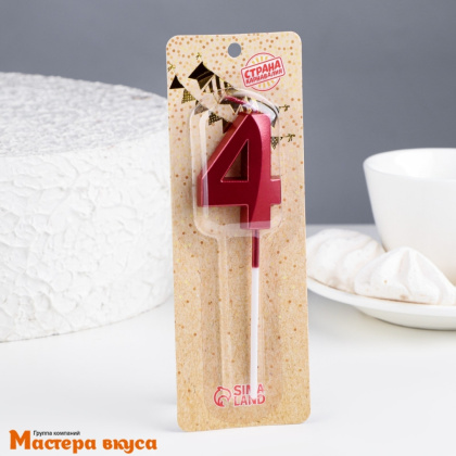 Свеча-цифра "Грань", красный металлик, на шпажке - 4  (h-6 см)