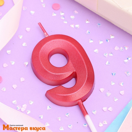 Свеча-цифра "Грань", красный металлик, на шпажке - 9  (h-6 см)