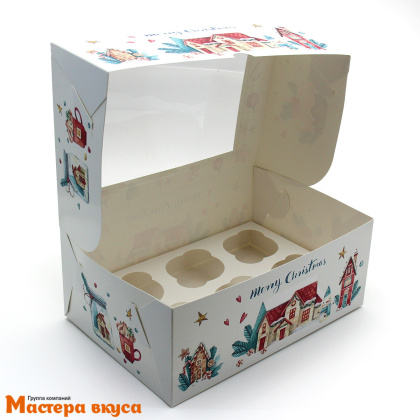 Коробка для  6 капкейков с окном, 250*170*100 мм  (Merry Christmas) белая