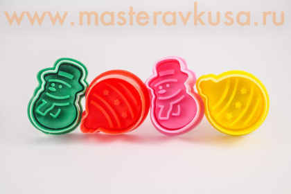 Вырубка-плунжер с выталкивателем  НОВЫЙ ГОД, (елка, пряня, снеговик, игрушка), ~4 см (набор 4шт)