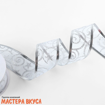 Лента капроновая армированная метал.нитью, СЕРЕБРЯНЫЕ ВЕНЗЕЛЯ на белом, 38мм, ~2,7м 